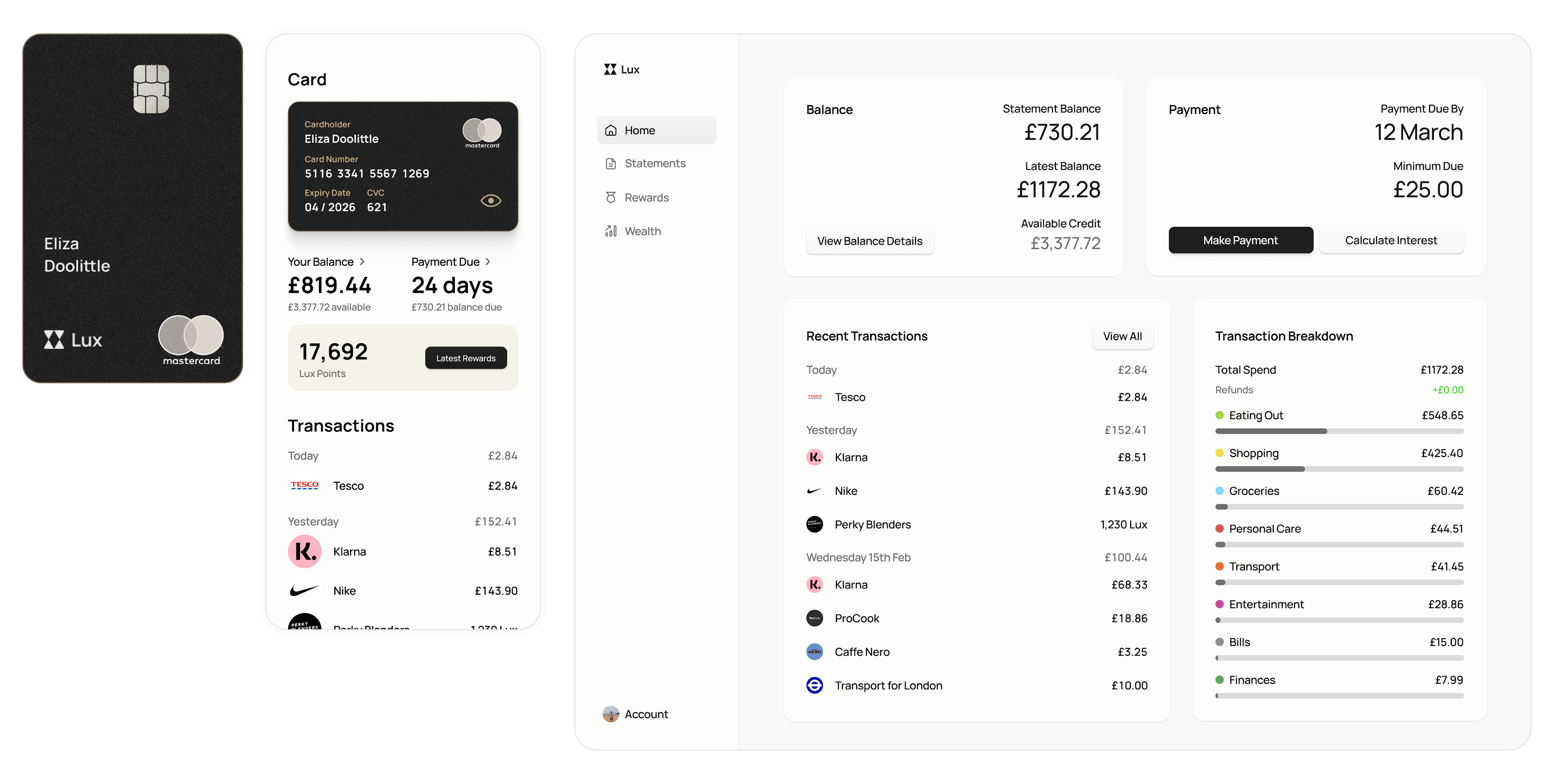 A product demo, showing the Lux credit card, the home screen of the phone app and the web app home page. The top half of the phone screen shows the card and its details such as the card number. You can see your credit card balance as well as when the payment is due, with a scrollable list of all your transactions.